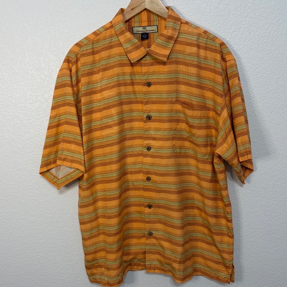Tommy Bahama Mens Large 100% Silk Orange Striped Short Sleeve Camp Shirt Button